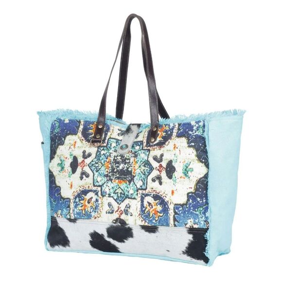 Myra Bag Handmade Chroma Weekender Bag Upcycled Canvas & Cowhide Leather - Picture 7 of 12